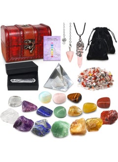 Amill 23PCS Natural Crystals and Healing Stones Set, 7 Raw Chakra Stones, 10pcs Tumbled Stones, Pink Pillar Crystal Necklaces & Pendulum, White Pyramid & Pillar, 50g Stones Assorted, Wooden Box  - Image 1