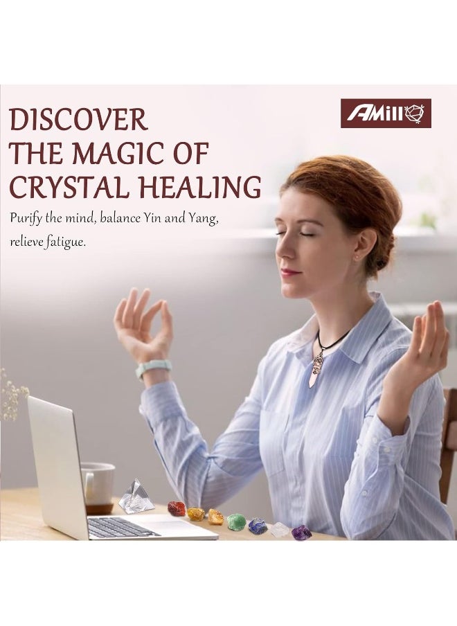 Amill 23PCS Natural Crystals and Healing Stones Set, 7 Raw Chakra Stones, 10pcs Tumbled Stones, Pink Pillar Crystal Necklaces & Pendulum, White Pyramid & Pillar, 50g Stones Assorted, Wooden Box  - Image 4