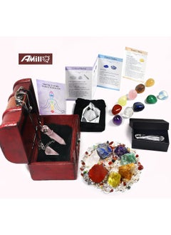 Amill 23PCS Natural Crystals and Healing Stones Set, 7 Raw Chakra Stones, 10pcs Tumbled Stones, Pink Pillar Crystal Necklaces & Pendulum, White Pyramid & Pillar, 50g Stones Assorted, Wooden Box  - Image 2