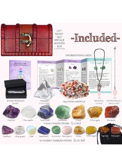 Amill 23PCS Natural Crystals and Healing Stones Set, 7 Raw Chakra Stones, 10pcs Tumbled Stones, Pink Pillar Crystal Necklaces & Pendulum, White Pyramid & Pillar, 50g Stones Assorted, Wooden Box  - Image 3
