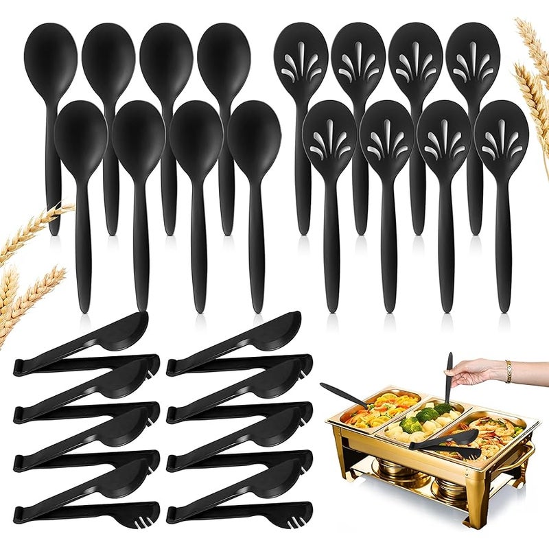 RayPard Reusable Plastic Serving Utensils Set of 24, Wheat straw Large Serving set 10 Serving Spoons/10 Slotted Spoons/9.4 Tongs, for Party Chafing Dish Buffet Catering (Black) - Image 1