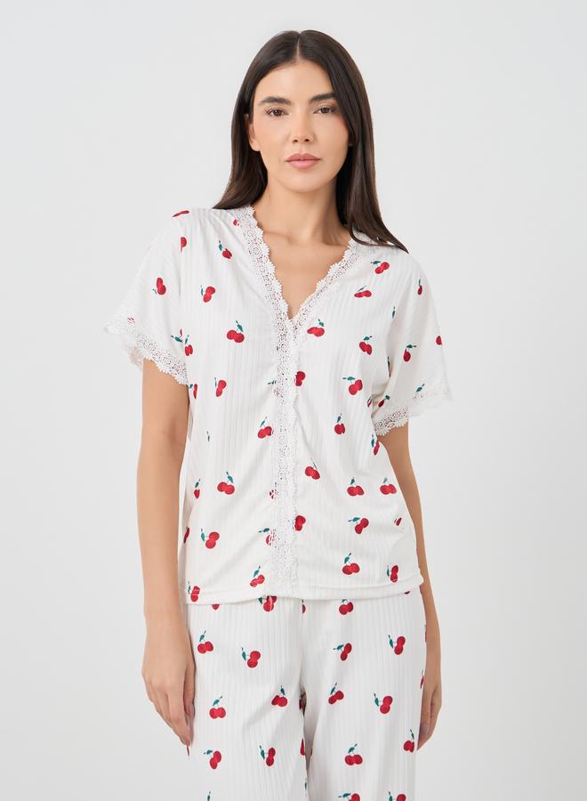 Take Two Cherry Print V Neck T-Shirt and Pyjama Set - Image 3