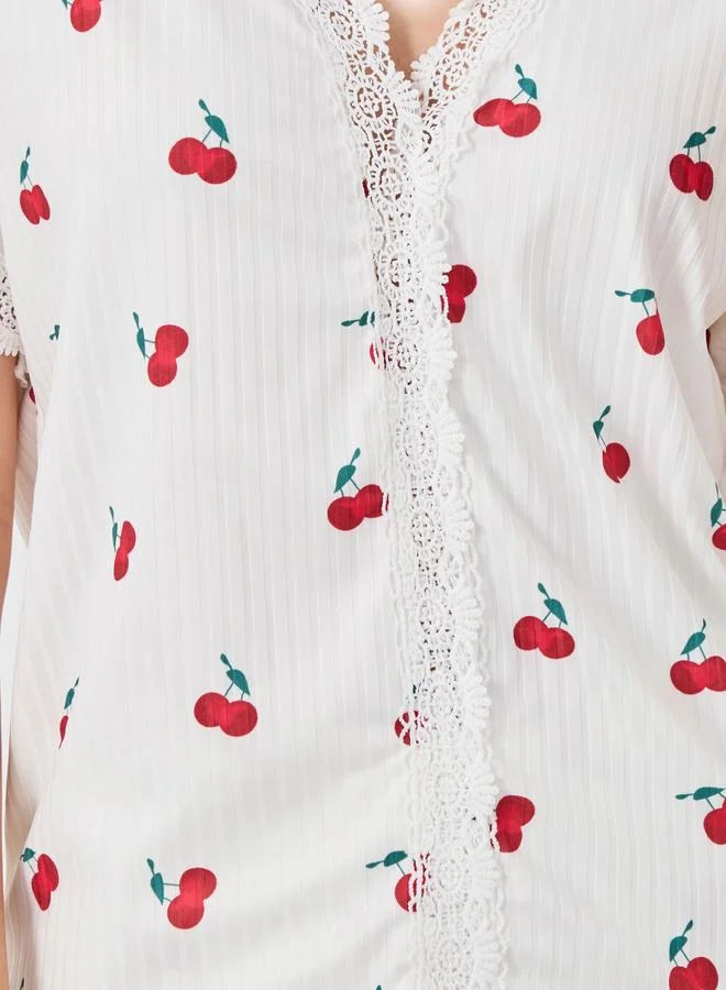 Take Two Take Two Cherry Print V Neck T-Shirt and Pyjama Set