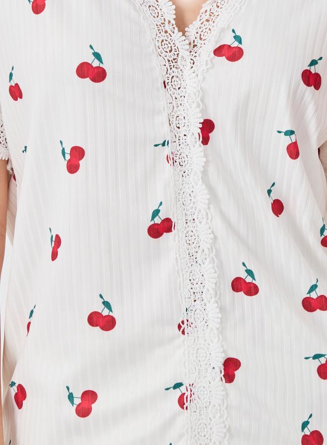 Take Two Cherry Print V Neck T-Shirt and Pyjama Set - Image 4