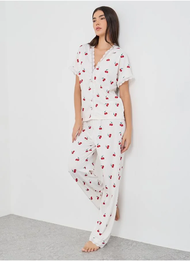 تايك تو Take Two Cherry Print V Neck T-Shirt and Pyjama Set