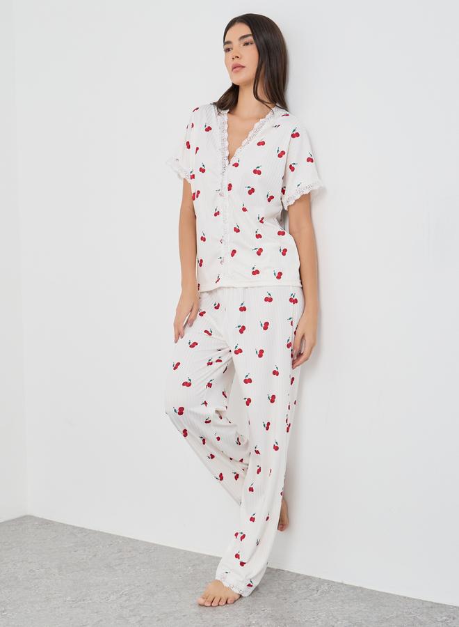 Take Two Cherry Print V Neck T-Shirt and Pyjama Set - Image 1
