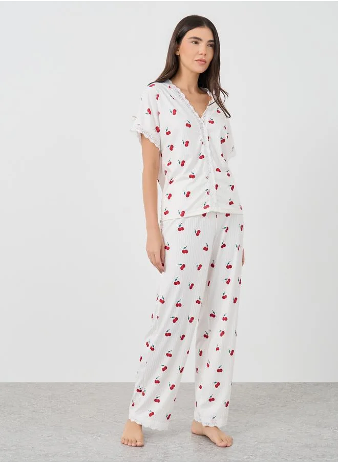تايك تو Take Two Cherry Print V Neck T-Shirt and Pyjama Set