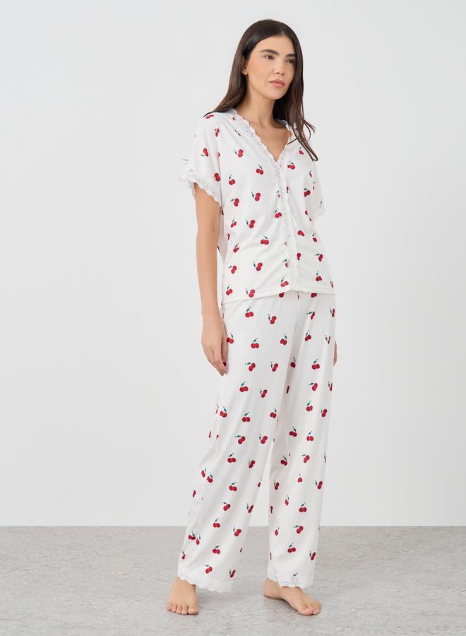 Take Two Cherry Print V Neck T-Shirt and Pyjama Set - Image 2