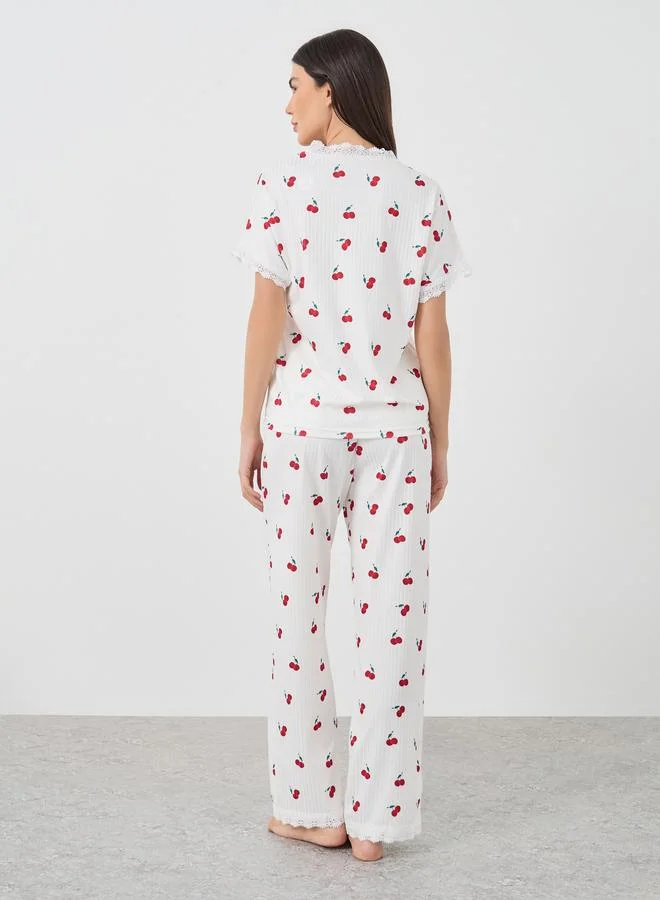Take Two Take Two Cherry Print V Neck T-Shirt and Pyjama Set