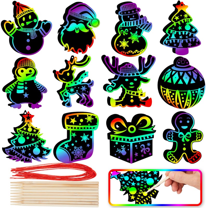 JOYIN 72 Pcs Christmas Scratch Art Ornaments Rainbow Color Scratch Paper Craft Kit Include Snowman Christmas Tree and Reindeer Scratch Off Hanging Ornament for Kids Party Favor - Image 2