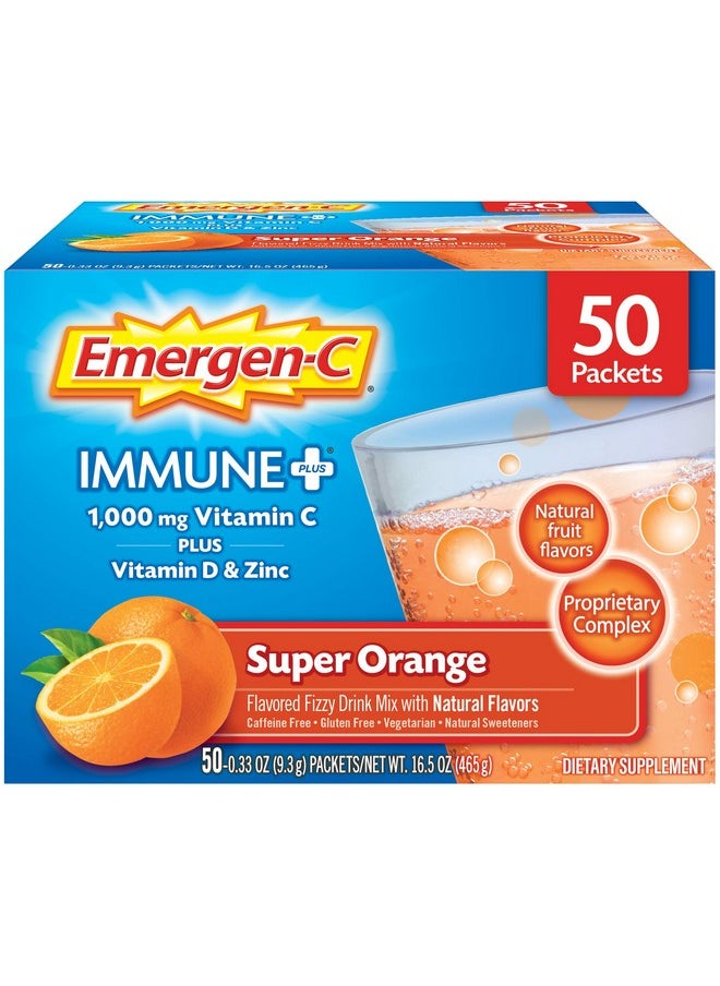 Emergen-C Immune+ 1000Mg Vitamin C Powder With Vitamin D Zinc Antioxidants And Electrolytes For Immunity Immune Support Dietary Supplement Super Orange Flavor 50 Count  - Image 2