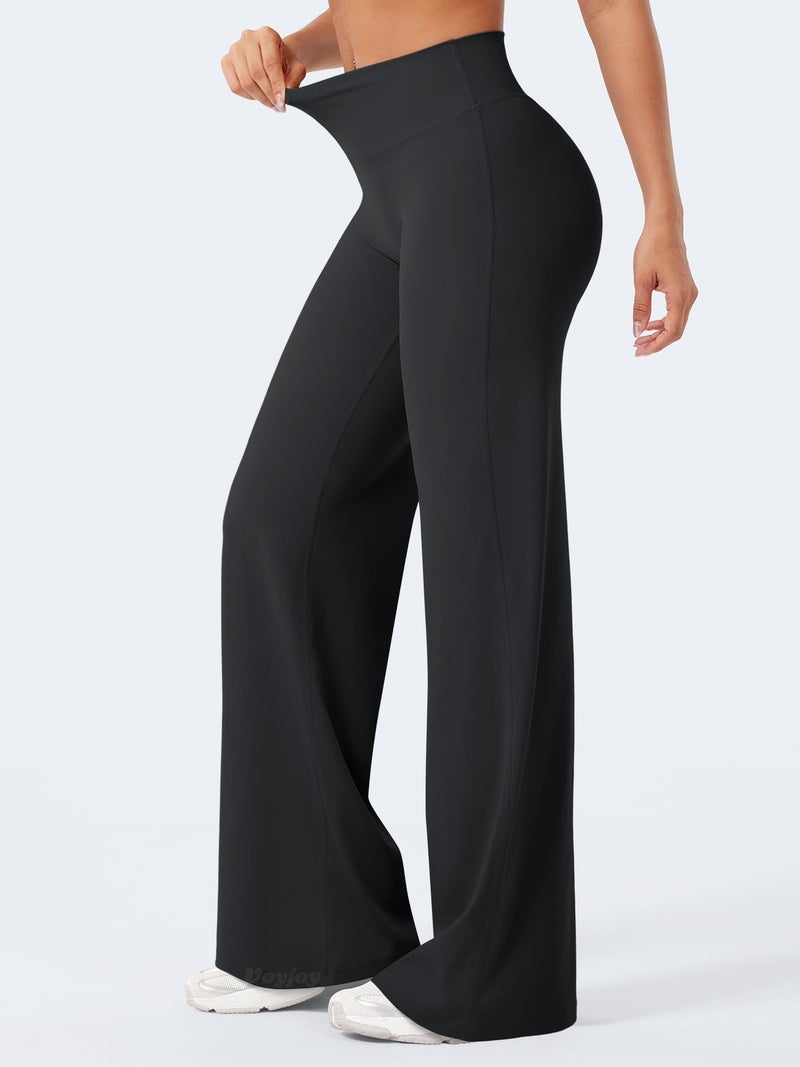 VOYJOY Straight Leggings Bottoms Wide Leg Pants for Women 29"/ 31.5"/33"/35" High Waist Stretch Casual Sweatpants Black - Image 4