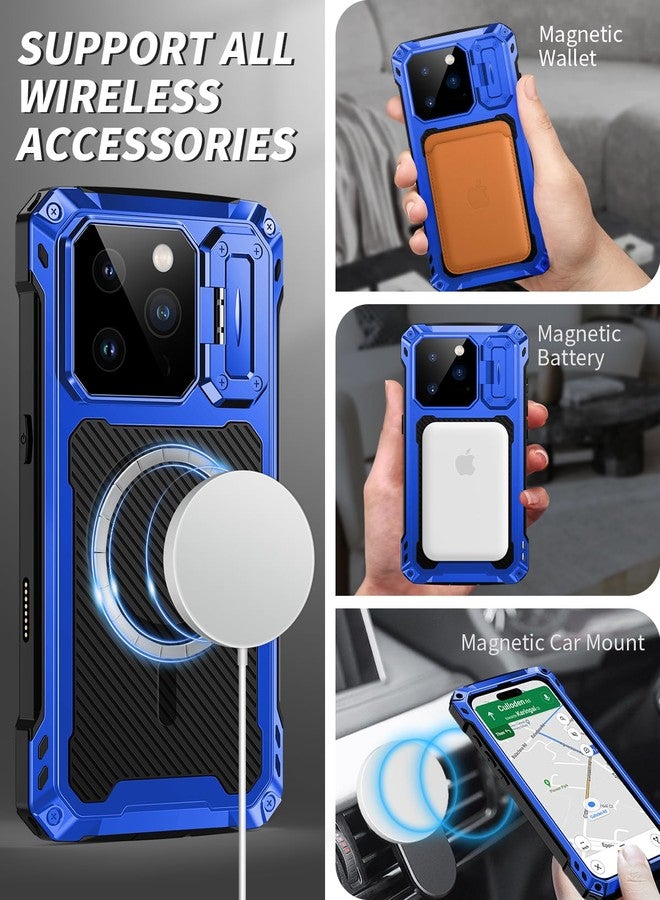 جراب Lanhiem المعدني لهاتف iPhone 16 Pro Max مع غطاء كاميرا وحامل [متوافق مع MagSafe] [مسند مدمج] [حماية من الدرجة العسكرية] جراب هاتف مغناطيسي متين وقوي، (أزرق) - Image 3