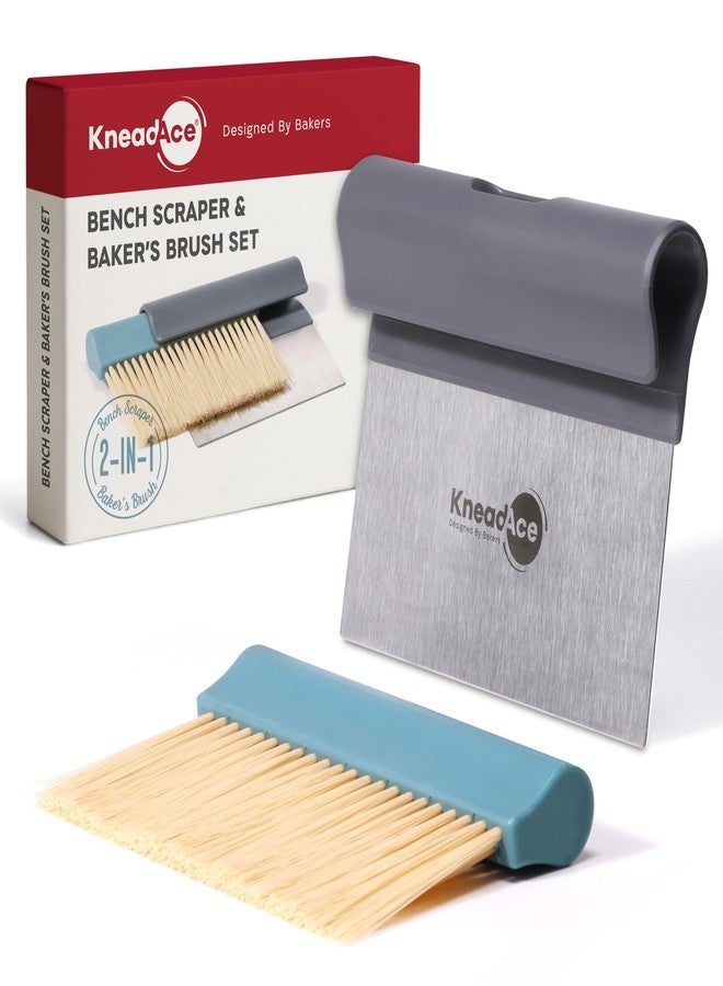 KneadAce Dough Scraper & Baker’s Brush.Stainless Steel Bench Scraper & Flour Cleaning Brush. Kitchen Tool for Pastry, Sourdough and Baking Prep Bread Dough Cutter, Gift For Bakers (Gray/Turquoise) - Image 1