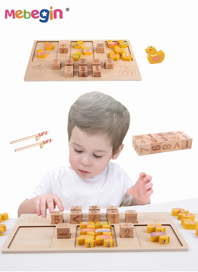 MEBEGIN Wooden Magnetic Ducks Fishing Game, Counting Ducks Playset with 23 Ducks, 10 Blocks and 12 Double-sided Cards and 2 Rods, Creative Montessori Fishing Toys, Preschool Learning Numbers Board Game, Ideal Gift for Kids  - Image 1