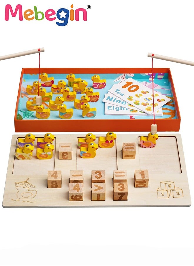 MEBEGIN Wooden Magnetic Ducks Fishing Game, Counting Ducks Playset with 23 Ducks, 10 Blocks and 12 Double-sided Cards and 2 Rods, Creative Montessori Fishing Toys, Preschool Learning Numbers Board Game, Ideal Gift for Kids  - Image 2