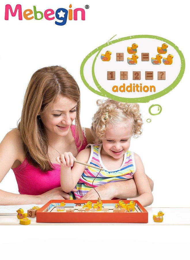 MEBEGIN Wooden Magnetic Ducks Fishing Game, Counting Ducks Playset with 23 Ducks, 10 Blocks and 12 Double-sided Cards and 2 Rods, Creative Montessori Fishing Toys, Preschool Learning Numbers Board Game, Ideal Gift for Kids  - Image 4