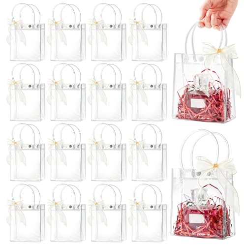 Ohuimrt 50 PCS Clear Plastic Gift Bags with Handles, Reusable Party Favor Bags with Ribbon Transparent Gift Wrap Bags Bulk for Weddings Birthdays, 5.9 x 4.92 x 2.75 Inches - Image 1