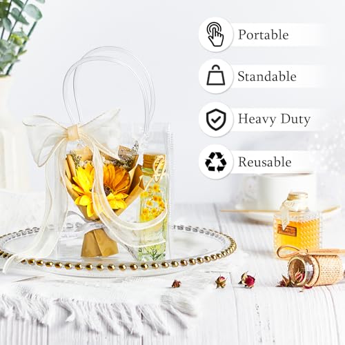 Ohuimrt 50 PCS Clear Plastic Gift Bags with Handles, Reusable Party Favor Bags with Ribbon Transparent Gift Wrap Bags Bulk for Weddings Birthdays, 5.9 x 4.92 x 2.75 Inches - Image 4