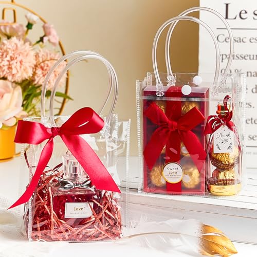 Ohuimrt 50 PCS Clear Plastic Gift Bags with Handles, Reusable Party Favor Bags with Ribbon Transparent Gift Wrap Bags Bulk for Weddings Birthdays, 5.9 x 4.92 x 2.75 Inches - Image 5