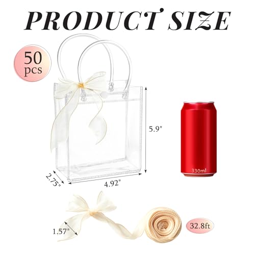 Ohuimrt 50 PCS Clear Plastic Gift Bags with Handles, Reusable Party Favor Bags with Ribbon Transparent Gift Wrap Bags Bulk for Weddings Birthdays, 5.9 x 4.92 x 2.75 Inches - Image 2