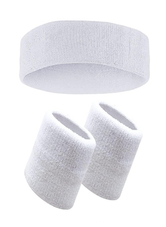 Gmefvr Sports Sweatband Headband & Wristband | Stretch, Soft, Sweat-Absorbing Cotton Blend | Gym, Running, Tennis, Basketball, Yoga | Unisex, Non-Slip, Washable (Headband + Wristband White) - Image 1