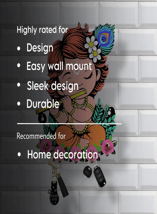 VNDRA® Key Holder for Wall Wooden Home | Key Holder for Home Decor Stylish | Key Stand | Krishna Photo Decor, 5 Hook, Decorative Items for Home Decor Key Chain | Holder for Wall - Image 3