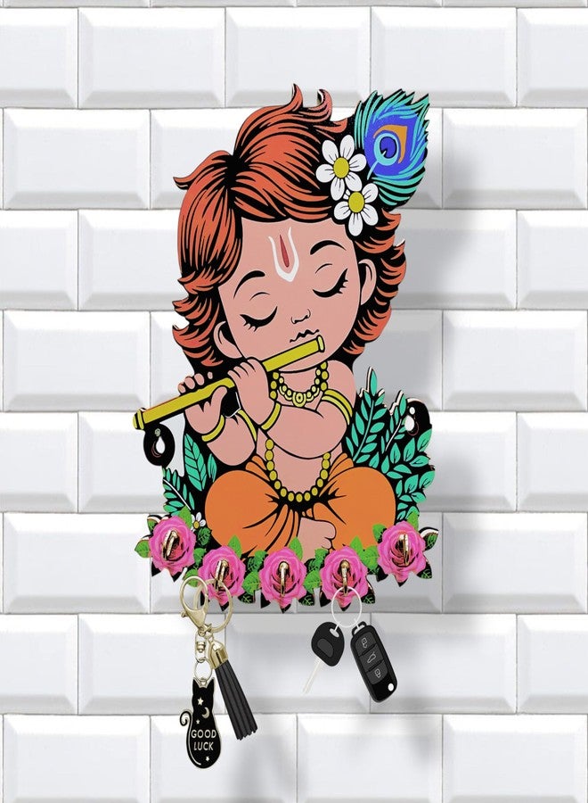VNDRA® Key Holder for Wall Wooden Home | Key Holder for Home Decor Stylish | Key Stand | Krishna Photo Decor, 5 Hook, Decorative Items for Home Decor Key Chain | Holder for Wall - Image 1