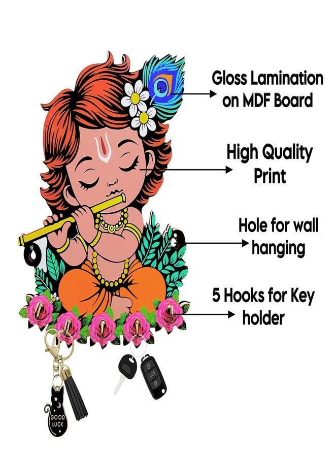 VNDRA® Key Holder for Wall Wooden Home | Key Holder for Home Decor Stylish | Key Stand | Krishna Photo Decor, 5 Hook, Decorative Items for Home Decor Key Chain | Holder for Wall - Image 4