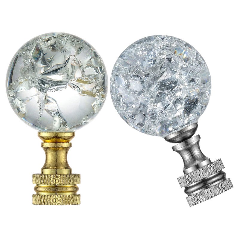 2Pcs Crystal Glass Lamp Finial Shaped Clear Crackle Glass with Metal Finish Base - Image 1