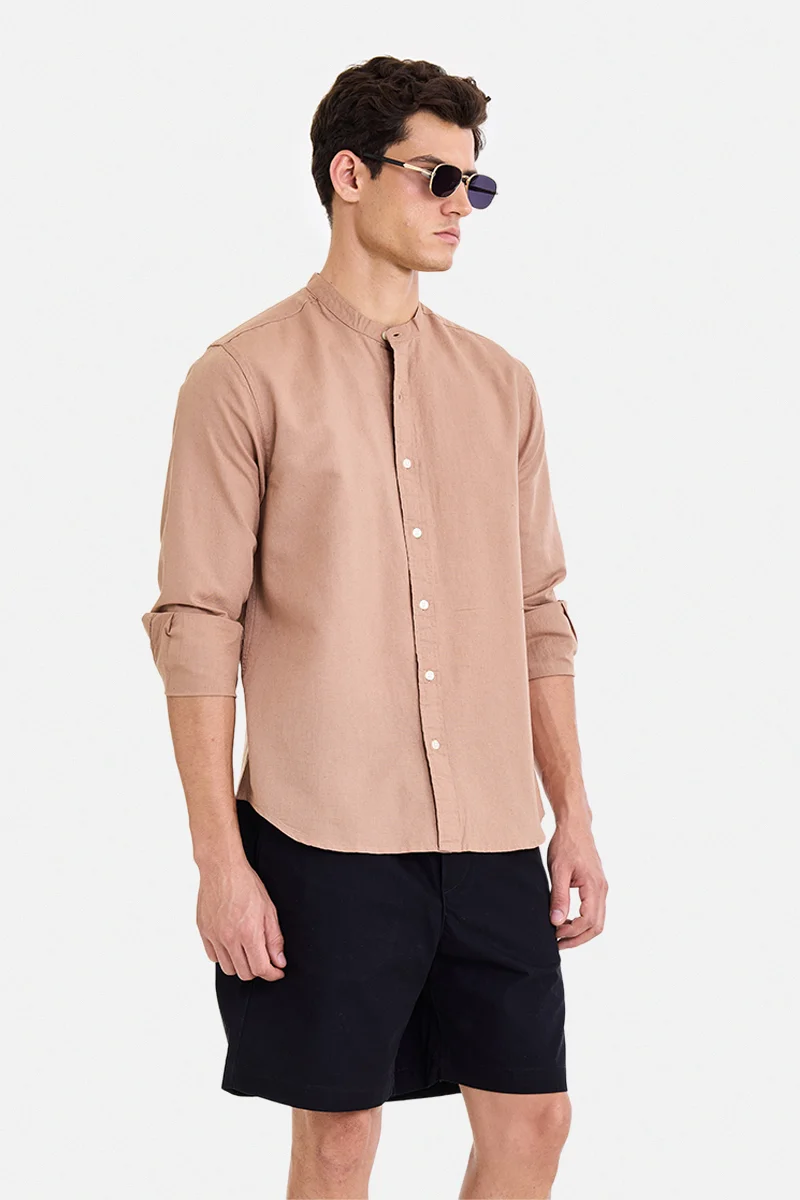 سنيتش Tan Solid Long Sleeve Regular Fit Shirt