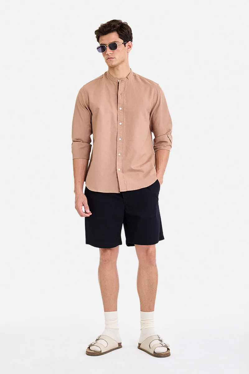 سنيتش Tan Solid Long Sleeve Regular Fit Shirt