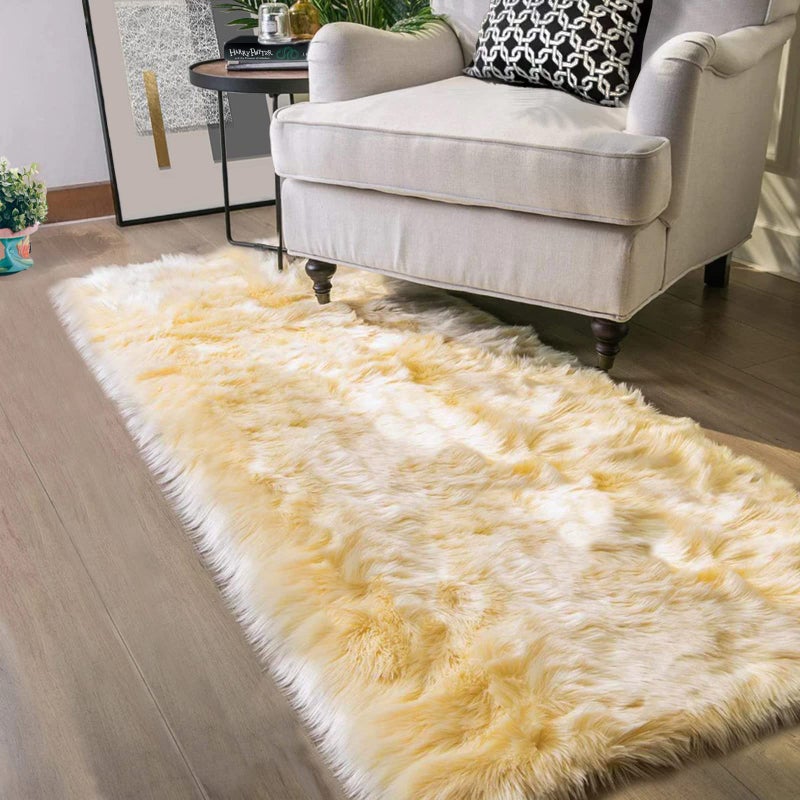 Latepis Yellow Runner 2x6 Fluffy Rug Faux Sheepskin Fur Rug for Bedroom Living Room DÃ©cor Cushion Fuzzy Boho Rugs, Runner - Image 1