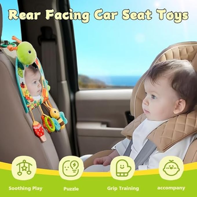 INFANT CAR SEAT TOY - KICK AND PLAY ACTIVITY CENTER WITH MIRROR, TEETHER AND CRINKLE PAPER, FUN TRAVEL BABY TOY FOR REAR CAR SEAT, EASIER DRIVE WITH NEWBORNS, BABIES - Image 3
