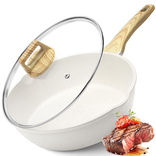 GiPP Nonstick Deep Frying Pan Skillet, 9.5" Saute Pan with Lid, Granite Induction Cookware Non Stick Cooking Pan, PFOA PFOS APEO Free, White - Image 1