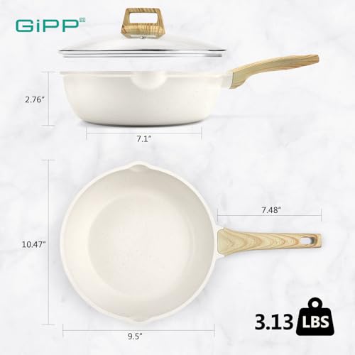 GiPP Nonstick Deep Frying Pan Skillet, 9.5" Saute Pan with Lid, Granite Induction Cookware Non Stick Cooking Pan, PFOA PFOS APEO Free, White - Image 3