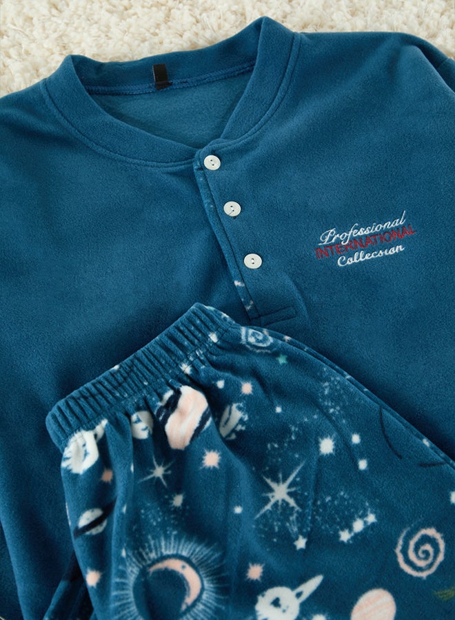 trendyol Indigo Fleece Soft Textured Knitted Pajamas Set - Image 5