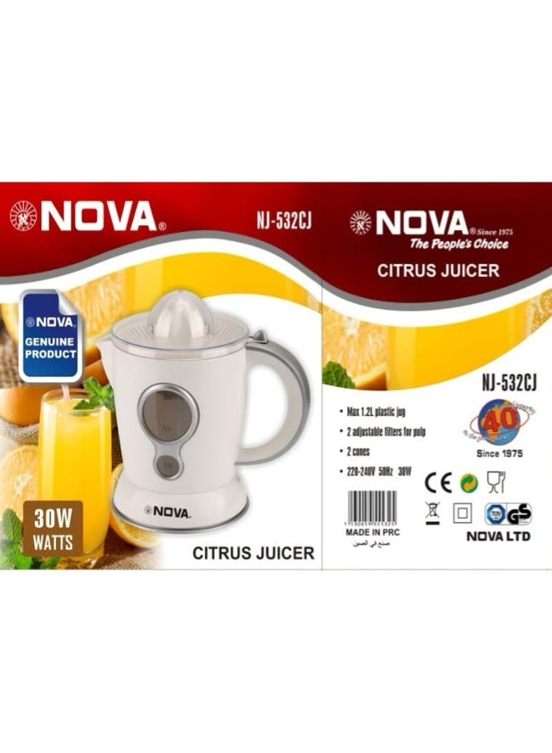 Nova Electric Citrus Juicer NJ-532CJ, 30W, 1.2L Plastic Jug, Dual Pulp Filters, 2 Cones, White - Image 1