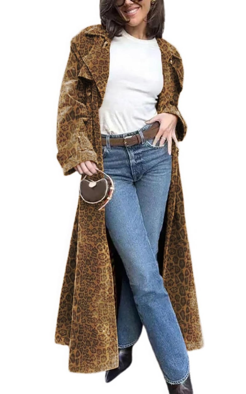 ebossy Women's Fashion Faux Suede Open Front Long Trench Coat Notched Lapel Double Breasted Maxi Overcoat with Belt (L, Leopard) - Image 1