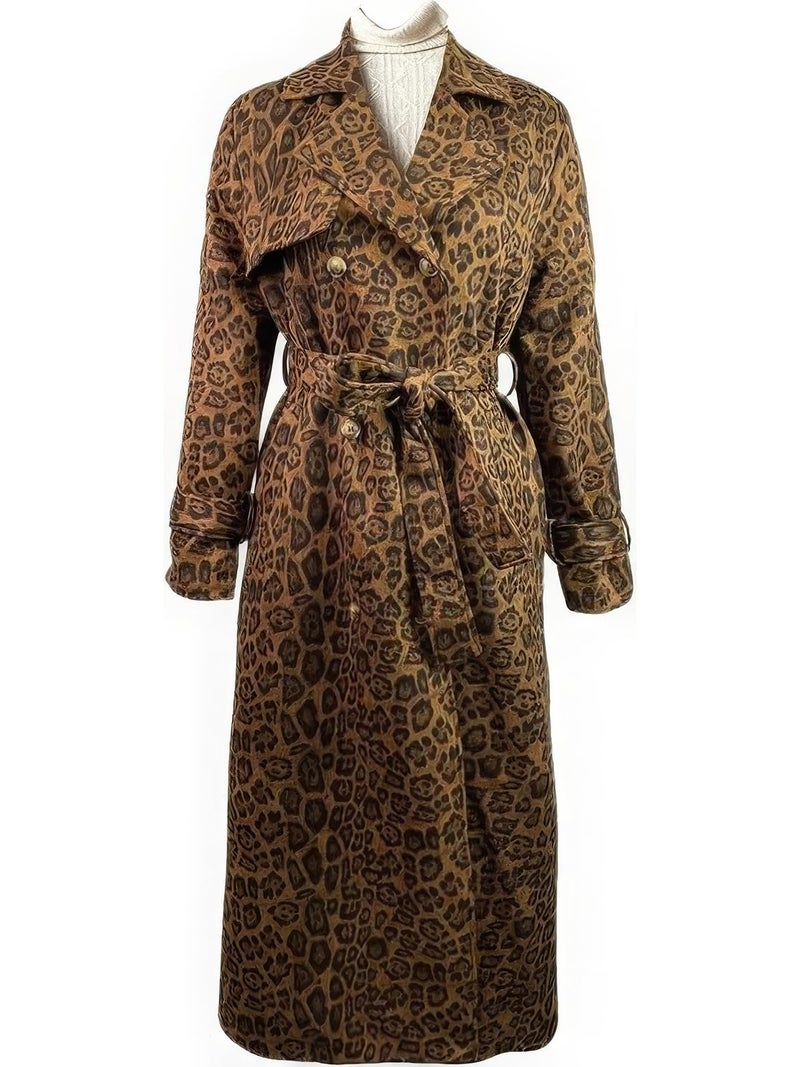 ebossy Women's Fashion Faux Suede Open Front Long Trench Coat Notched Lapel Double Breasted Maxi Overcoat with Belt (L, Leopard) - Image 2