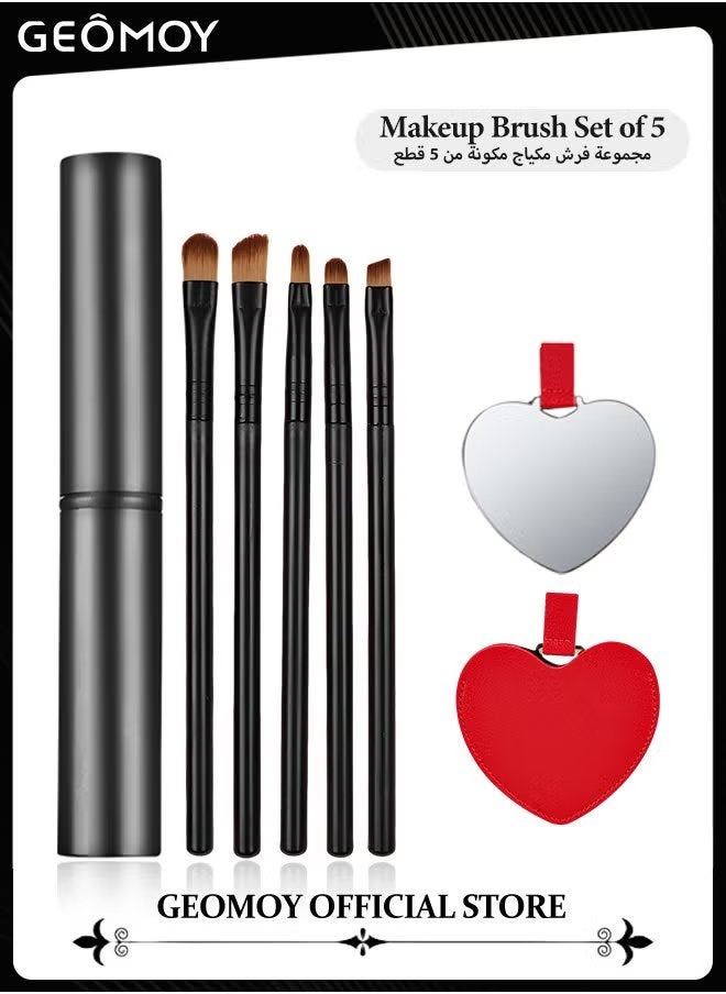 Geomoy Portable 5pcs Makeup Brush Set Face Eyeliner Blush Makeup Brush Set in One Tube To Keep Brush Cleaner with 1pc Heart Shaped Compact Stainless Steel Mirror - Image 1