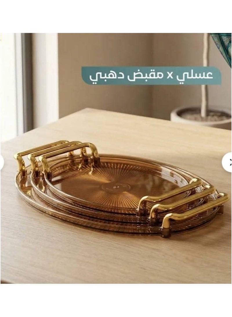 Lava Elite Lava Tray Set (3 pieces) suitable for serving drinks, sweets and snacks. Practical design, easy to carry and serve. Suitable for daily use and parties (honey color, gold handle). - Image 1