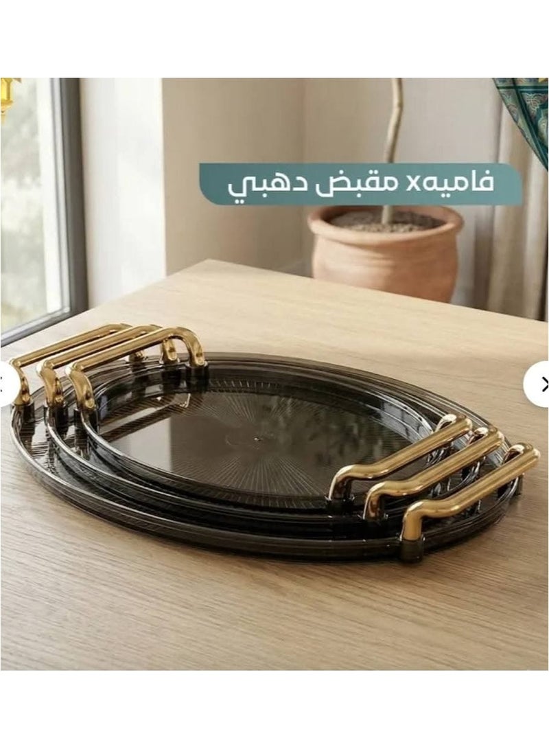 Lava Elite Lava Tray Set (3 pieces) suitable for serving drinks, sweets and snacks. Practical design, easy to carry and serve. Suitable for daily use and parties (honey color, gold handle). - Image 3
