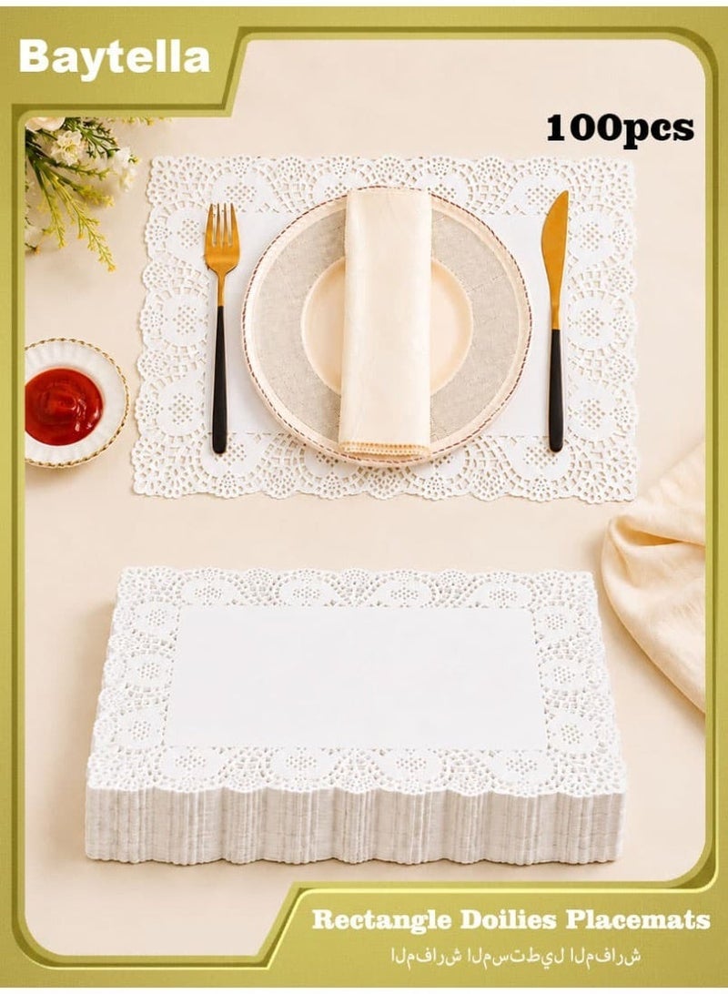 baytella 100PCS Rectangle Paper Doilies, 30×40cm White Lace Placemats, Disposable Greaseproof Paper Mats for Wedding, Birthday, Cakes, Desserts & Table Decoration - Image 1