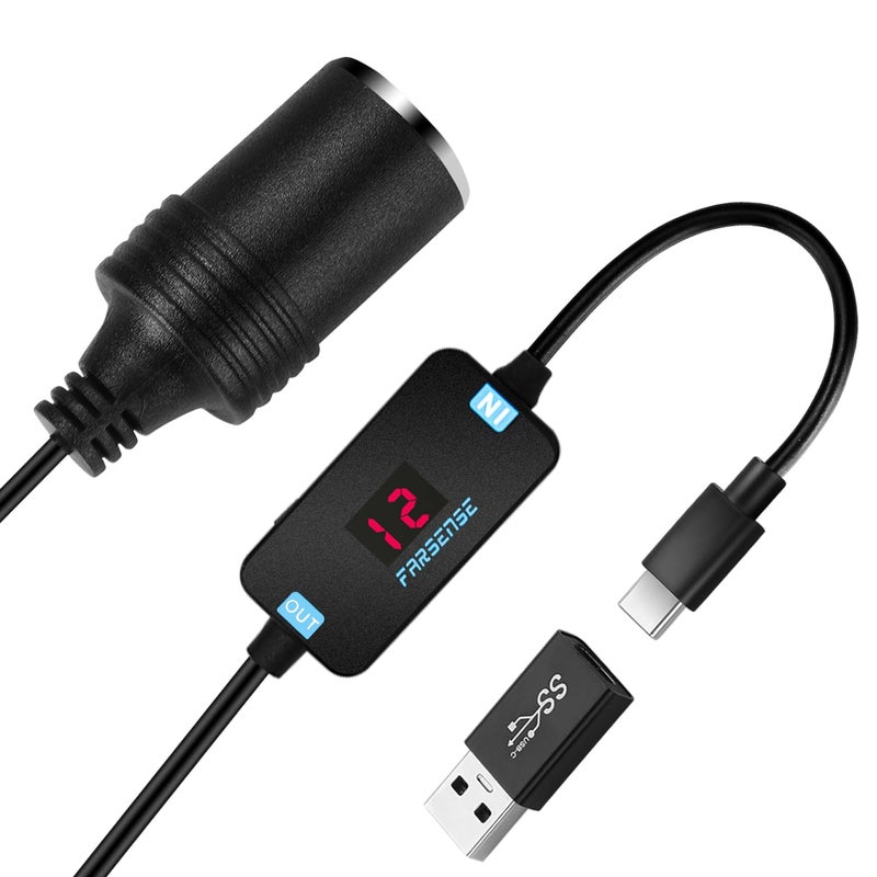 FARSENSE USB A to 12V Cigarette Lighter Adapter36WUSB C Male to Cigarette Lighter Female Socket PD Trigger Cable2FT with Switching Voltage and Display Voltagefor Dash CamGPSEtc