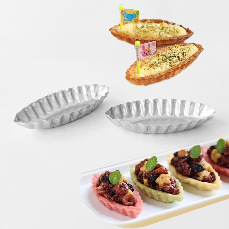 Heluok Tiny Tart Pan Boat Shape, 10PCS Egg Tart Mold Fluted Edge, Wave Flower Aluminum Baking Tool, Reusable Dessert Tray for Small Tartlets, Quiches - Image 3