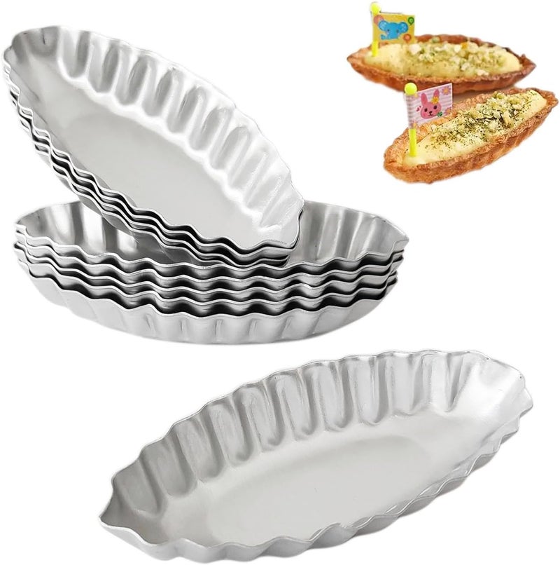 Heluok Tiny Tart Pan Boat Shape, 10PCS Egg Tart Mold Fluted Edge, Wave Flower Aluminum Baking Tool, Reusable Dessert Tray for Small Tartlets, Quiches - Image 1