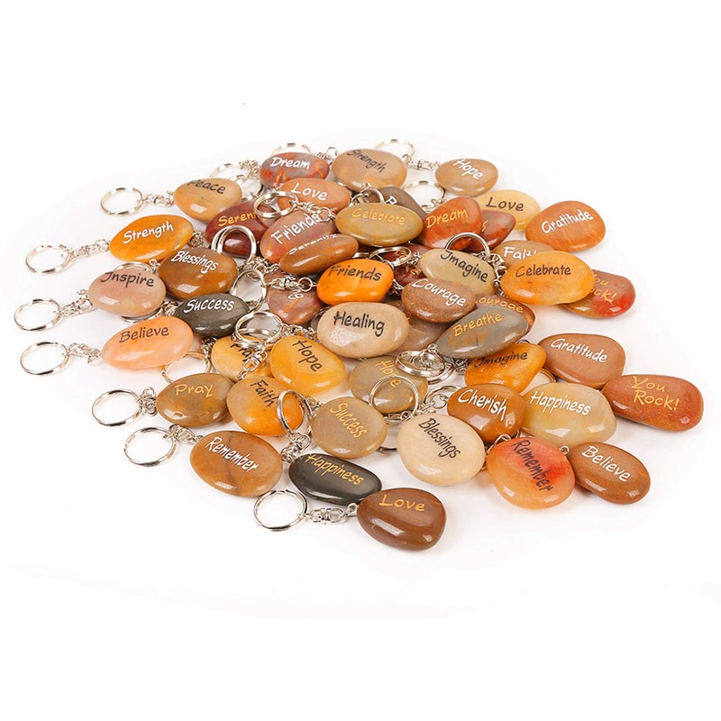 ROCKIMPACT 50PCS Inspirational Stones Key Chains Engraved Natural River Rock Key Rings Keychains Healing Stone Keychain Bulk Lot Different Words Assorted Sayings 50 Pieces