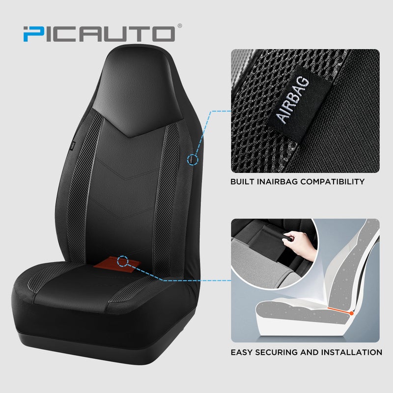 PIC AUTO Leather Car Seat Covers, Sports Carbon Fiber & Mesh Design, High-Back Two Front Set, Waterproof Automotive Seat Covers, Airbag Compatible, Universal Fit for Most Cars (Black & Black) - Image 3