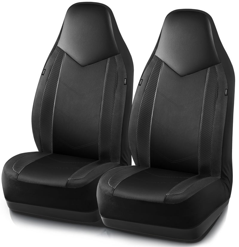 PIC AUTO Leather Car Seat Covers, Sports Carbon Fiber & Mesh Design, High-Back Two Front Set, Waterproof Automotive Seat Covers, Airbag Compatible, Universal Fit for Most Cars (Black & Black) - Image 1